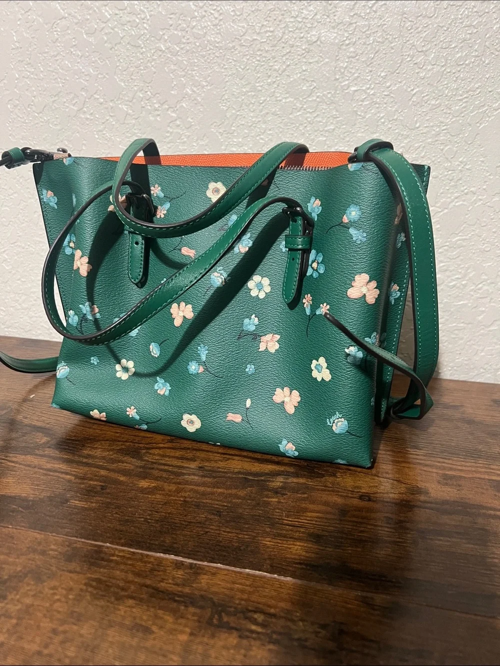 Beautiful Coach Green Floral Shoulder Tote with Pink & Blue Flowers